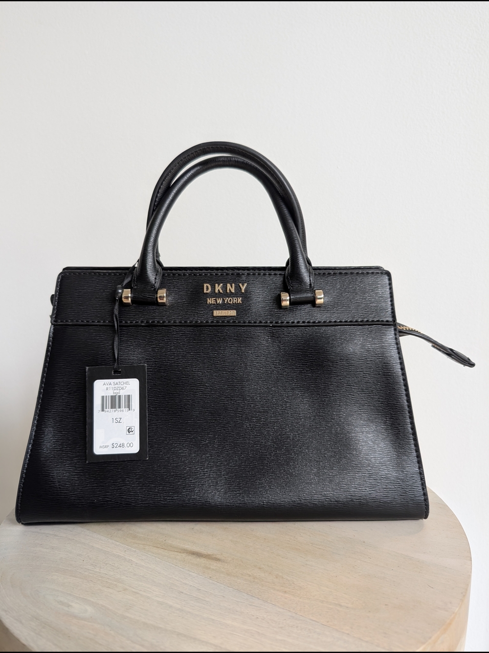 New DKNY Ava Satchel Medium Black Zip Top, Structured Handbag